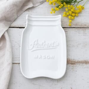White Ceramic Mason Jar Spoon Rest Farmhouse Kitchen Decor 7.25” x 5.25”